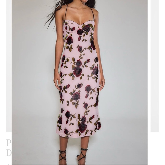 Rare London Pink Rose Devore Lace-Up Midi Dress Formal Wedding Prom Party Sz 2 - Picture 2 of 11